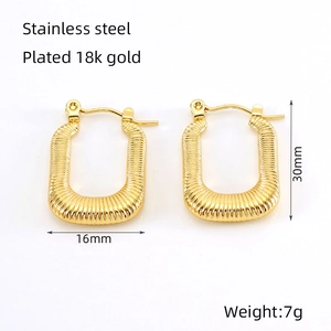 Detail view of square gold earrings with ribbed texture and 18k gold plated dimensions
