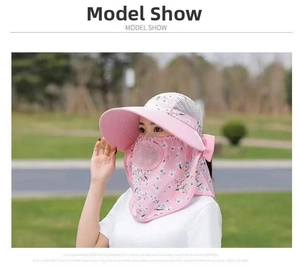 Pink floral sun hat with breathable face mask and neck protection for outdoor use