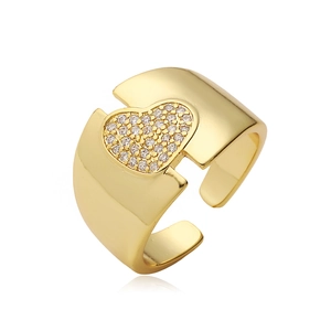 Vintage wide gold plated heart ring with sparkling cubic zirconia and open band