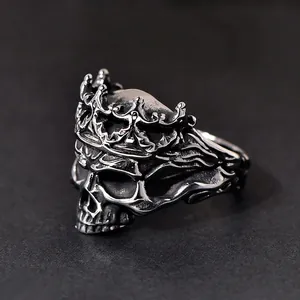 Vintage Skull Crown Ring Stainless Steel Punk Gothic Style Domineering Retro Biker Finger Jewelry Band For Men