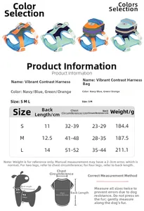 Size guide for breathable contrast color dog harness and backpack showing cm and g measurements