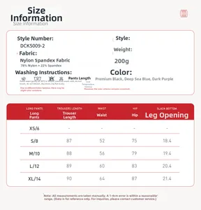 Tableau des tailles pour pantalons de yoga avec détails du tissu et mesures du S au XL