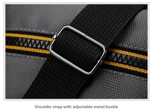 Detail of adjustable metal buckle on shoulder strap with vibrant yellow zipper accents