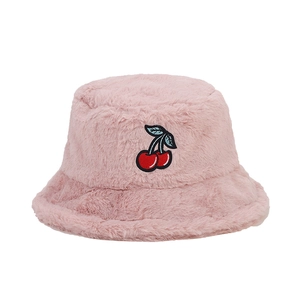Pink plush bucket hat with embroidered cherry design for autumn and winter fashion