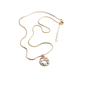 Christmas wreath necklace with gold box chain and red green enamel bell pendant