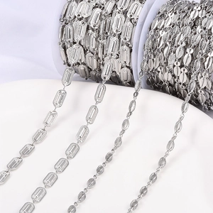 Polished silver stainless steel DIY jewelry chains with embossed textured links on white background