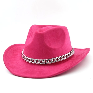 Detailed view of rose red faux suede cowboy hat with silver chain decoration