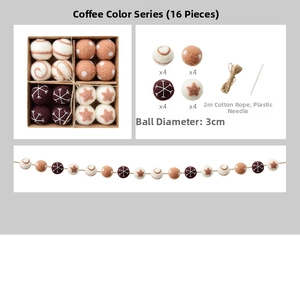 Detail of coffee wool felt ball set with star patterns and cotton rope for tree decor