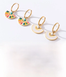 Detail of fan-shaped titanium steel earrings with colorful enamel and gold plating
