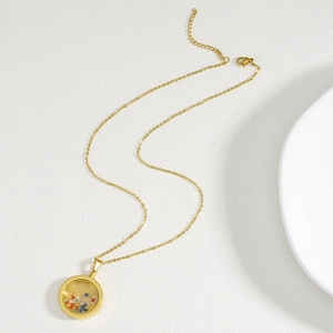 Gold stainless steel necklace featuring a round double-sided locket with colorful beads