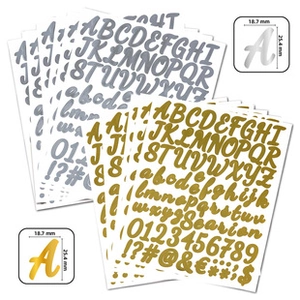 Detailed view of 1-inch gold and silver glitter alphabet stickers with size measurements