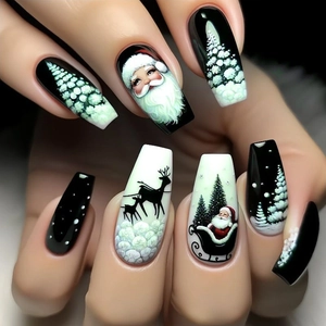 Christmas Press On Nails Long Coffin Ballerina Shape ABS Artificial Fake Fingernails Santa Claus Reindeer Tree Festive