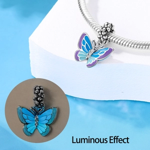 Luminous 925 silver plated butterfly charm with blue enamel and zircon for DIY bracelets