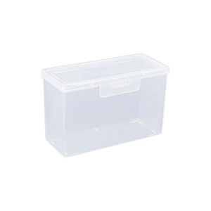 Clear plastic rectangular storage box with snap closure for cards and small items