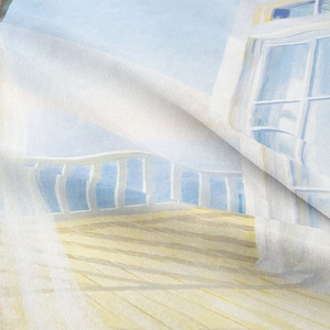 Detailed close-up showing soft texture and watercolor scenery print on tapestry fabric