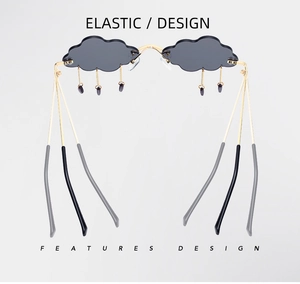 Cloud shaped sunglasses with dark grey lenses, gold metal frame and rain drop pendants