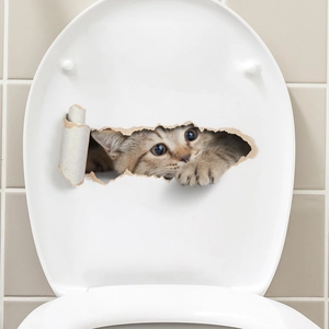 3D realistic brown tabby cat peeking through a broken hole on a waterproof toilet lid sticker