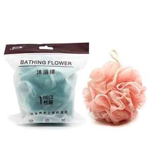 Soft exfoliating bath sponge ball made of fine mesh, available in pink and blue colors