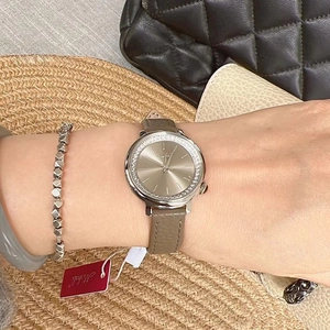 Elegant ladies watch with grey leather strap, diamond bezel and silver bracelet set