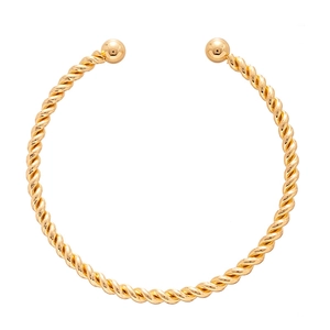 Minimalist twisted rope open cuff bracelet in gold finish with spherical end caps