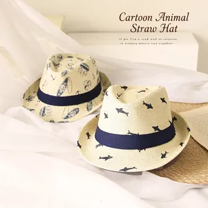 Kids breathable straw sun hat with shark and surfing patterns for summer sun protection