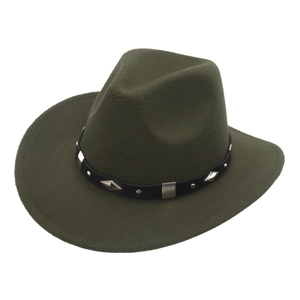 Detail of army green wool felt fedora with black leather studded decorative band