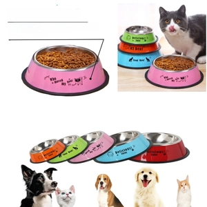 Detail of colorful anti-slip stainless steel pet bowls with cute cartoon patterns