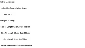 Detailed size chart for floral fleece vest showing dimensions and sherpa fabric info