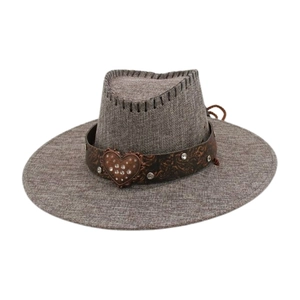 Chapeau de cowboy western classique en tweed gris avec boucle cœur et larges bords