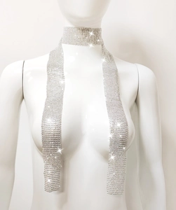 Detailed view of shiny silver sequin long neck scarf necklace with sparkling rhinestones