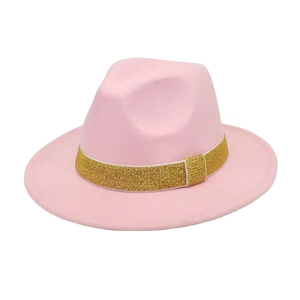 Detailed view of pink wool fedora hat featuring a gold sequin decorative ribbon band