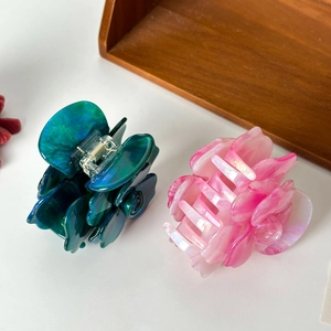 Acetate 3D rose hair claws in peacock green and gradient pink white marble textures