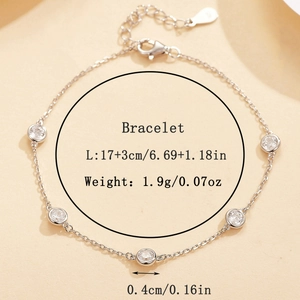 Detailed view of S925 sterling silver bracelet with five clear zircons and dimensions