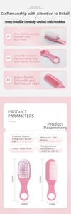 Pink baby hairbrush and comb set detail showing ABS nylon material and size specs