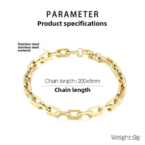Detail view of 5mm gold stainless steel chain bracelet with lobster clasp and sizing specs