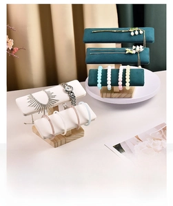 Three-tier solid wood jewelry display stands with green velvet and white PU leather surfaces