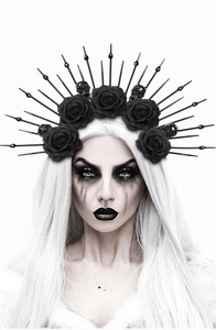 Gothic crown headpiece with black fabric roses and skulls for Halloween cosplay