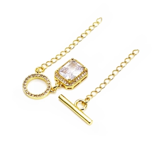 Gold plated brass bracelet featuring a zircon-inlaid square stone and crystal OT clasp