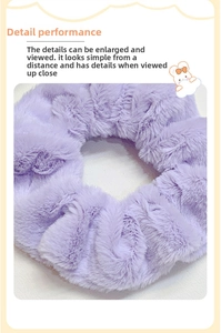 Close-up of soft lavender plush scrunchie showing fluffy faux fur texture detail