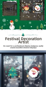 Detailed view of festive Christmas window stickers with Santa Claus and snowman motifs