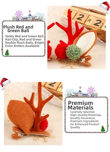 Détail de pinces à cheveux bois de renne de Noël avec pompons festifs rouges et verts
