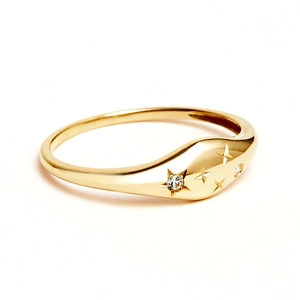 Detail of S925 silver gold-plated ring with star engraving and sparkling zircon stone