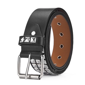 Punk rock black leather belt with triple-row silver pyramid studs and roller buckle