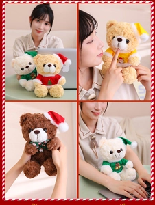 Three Christmas teddy bears in red green and yellow festive outfits held by a person