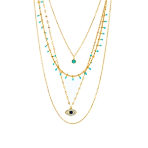 Layered gold vintage titanium steel necklace with turquoise beads and evil eye pendant