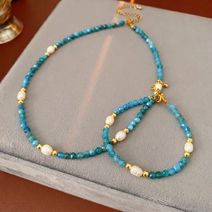 Titanium steel necklace and bracelet set with blue natural stones and pearls