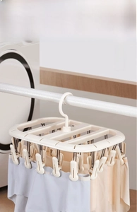 Detail view of the multi-clip drying rack with equidistant windproof clips for socks