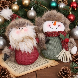 Charming Santa Claus and Snowman plush ornaments for festive Christmas window scene decoration