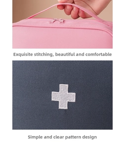 Detail of durable Oxford fabric handle, dual zippers and embroidered cross on medical bag