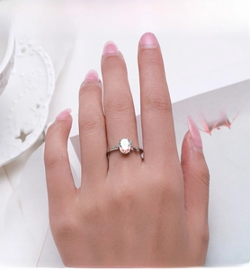 Close-up of S925 silver ring with oval colorful zircon on model's finger